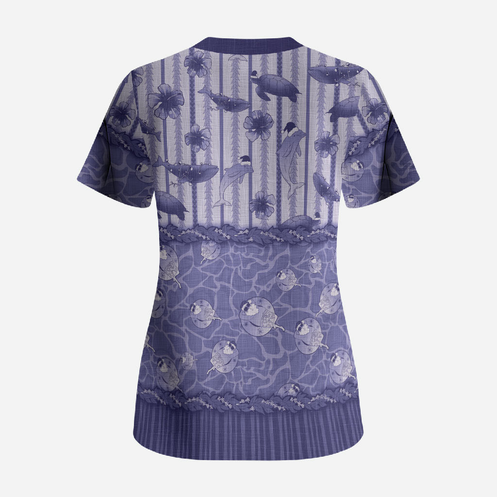 Hawaii Christmas In July Scrub Top Amethyst Purple Mele Kalikimaka Sea Animals DT05 - Polynesian Pride