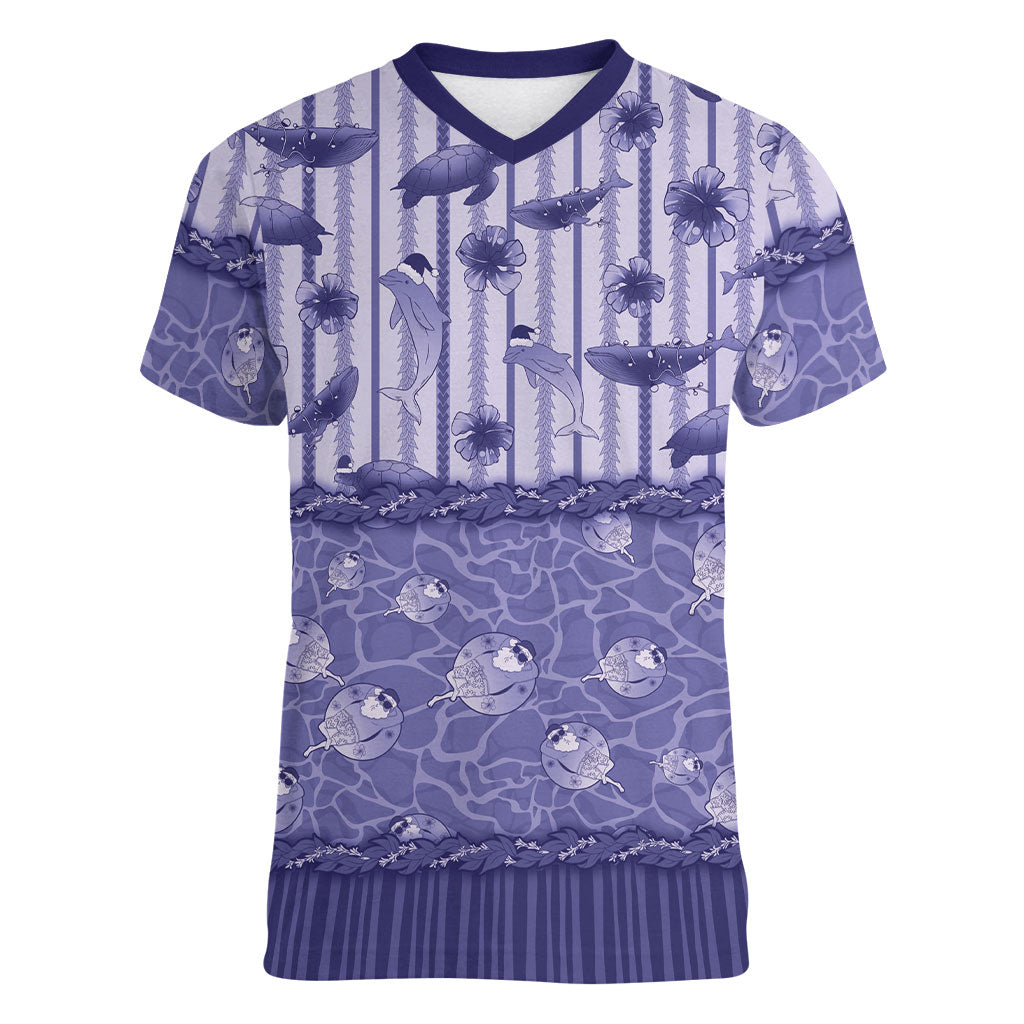 Hawaii Christmas In July Women V-Neck T-Shirt Amethyst Purple Mele Kalikimaka Sea Animals