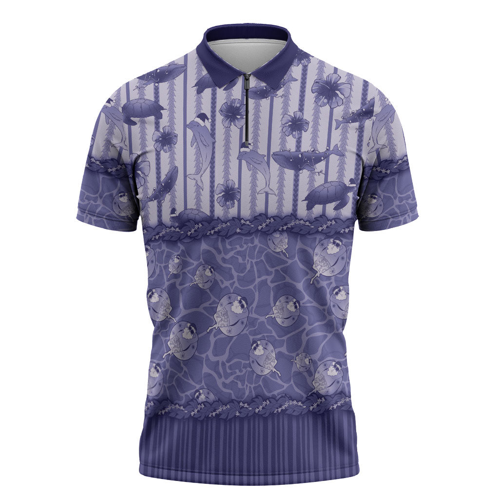 Hawaii Christmas In July Zipper Polo Shirt Amethyst Purple Mele Kalikimaka Sea Animals