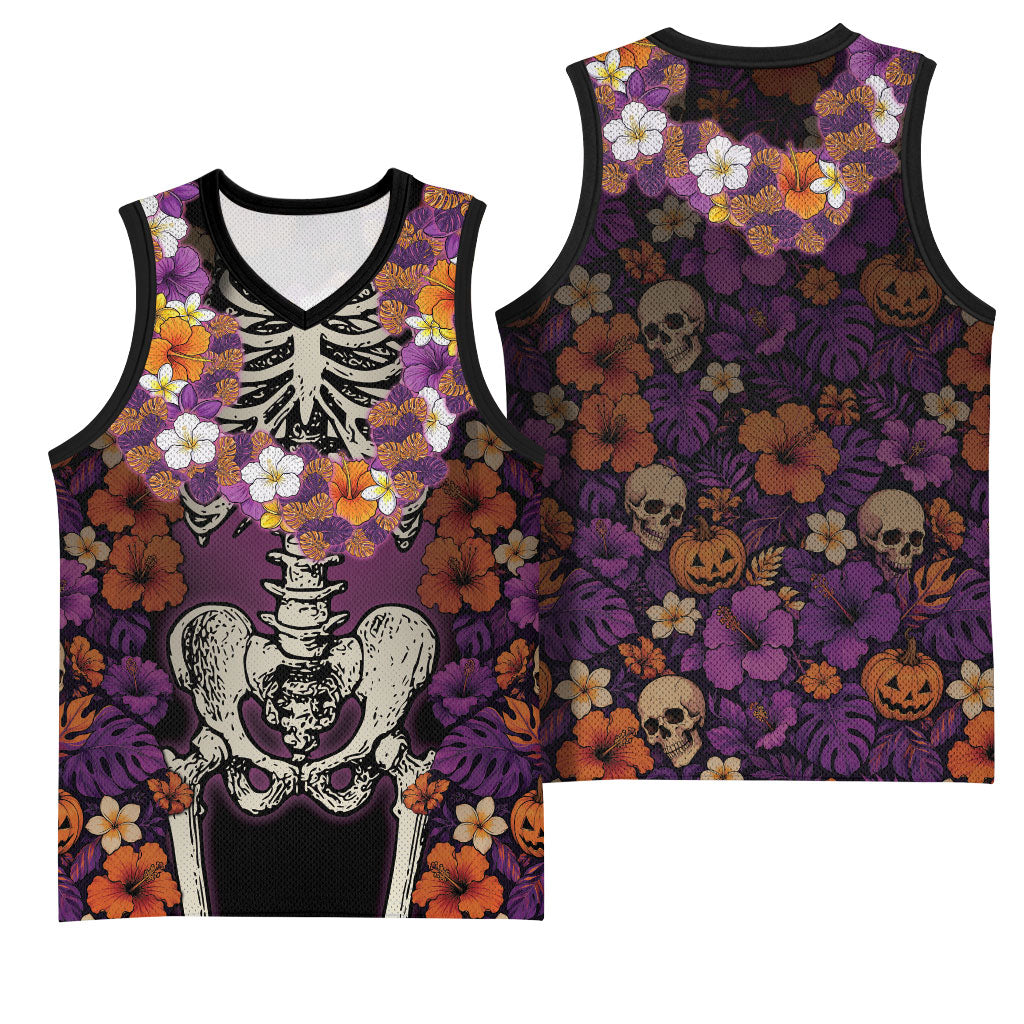 Hawaii Halloween Basketball Jersey Skeleton Bones Flower Lei Tropical Floral DT05 - Polynesian Pride
