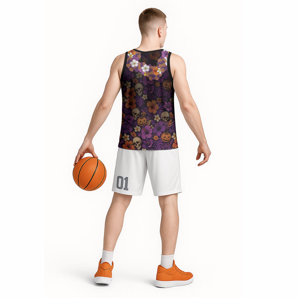 Hawaii Halloween Basketball Jersey Skeleton Bones Flower Lei Tropical Floral DT05 - Polynesian Pride