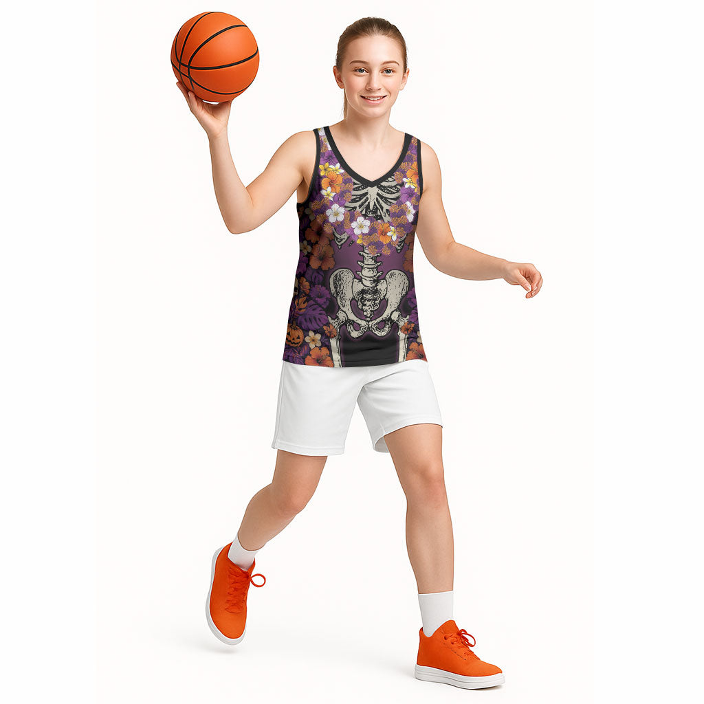 Hawaii Halloween Basketball Jersey Skeleton Bones Flower Lei Tropical Floral DT05 - Polynesian Pride