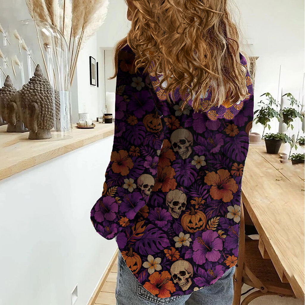 Hawaii Halloween Women Casual Shirt Skeleton Bones Flower Lei Tropical Floral DT05 - Polynesian Pride