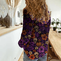 Hawaii Halloween Women Casual Shirt Skeleton Bones Flower Lei Tropical Floral DT05 - Polynesian Pride