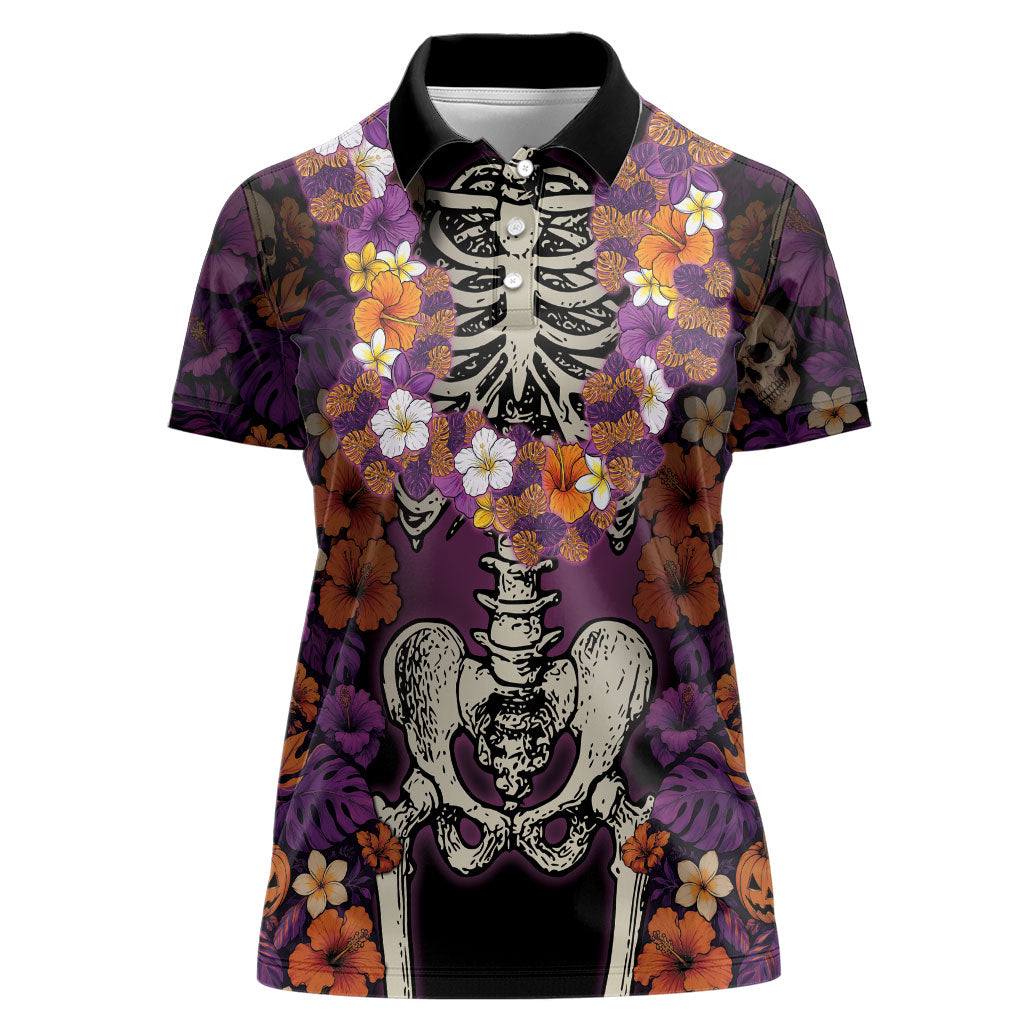 Hawaii Halloween Women Polo Shirt Skeleton Bones Flower Lei Tropical Floral DT05 Female Black - Polynesian Pride