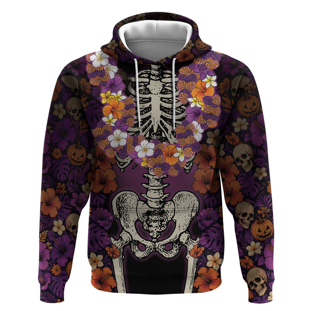 Hawaii Halloween Zip Hoodie Skeleton Bones Flower Lei Tropical Floral DT05 Pullover Hoodie Black - Polynesian Pride