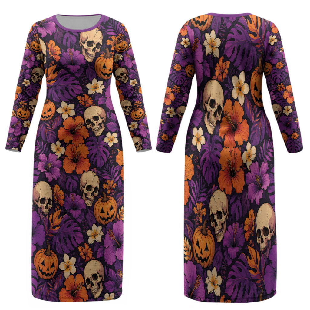Hawaii Halloween Family Matching Long Sleeve Bodycon Dress and Hawaiian Shirt Skeleton Pumpkin Hawaiian Flower Tribal DT05 Mom's Dress Purple - Polynesian Pride