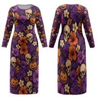 Hawaii Halloween Family Matching Long Sleeve Bodycon Dress and Hawaiian Shirt Skeleton Pumpkin Hawaiian Flower Tribal DT05 Mom's Dress Purple - Polynesian Pride
