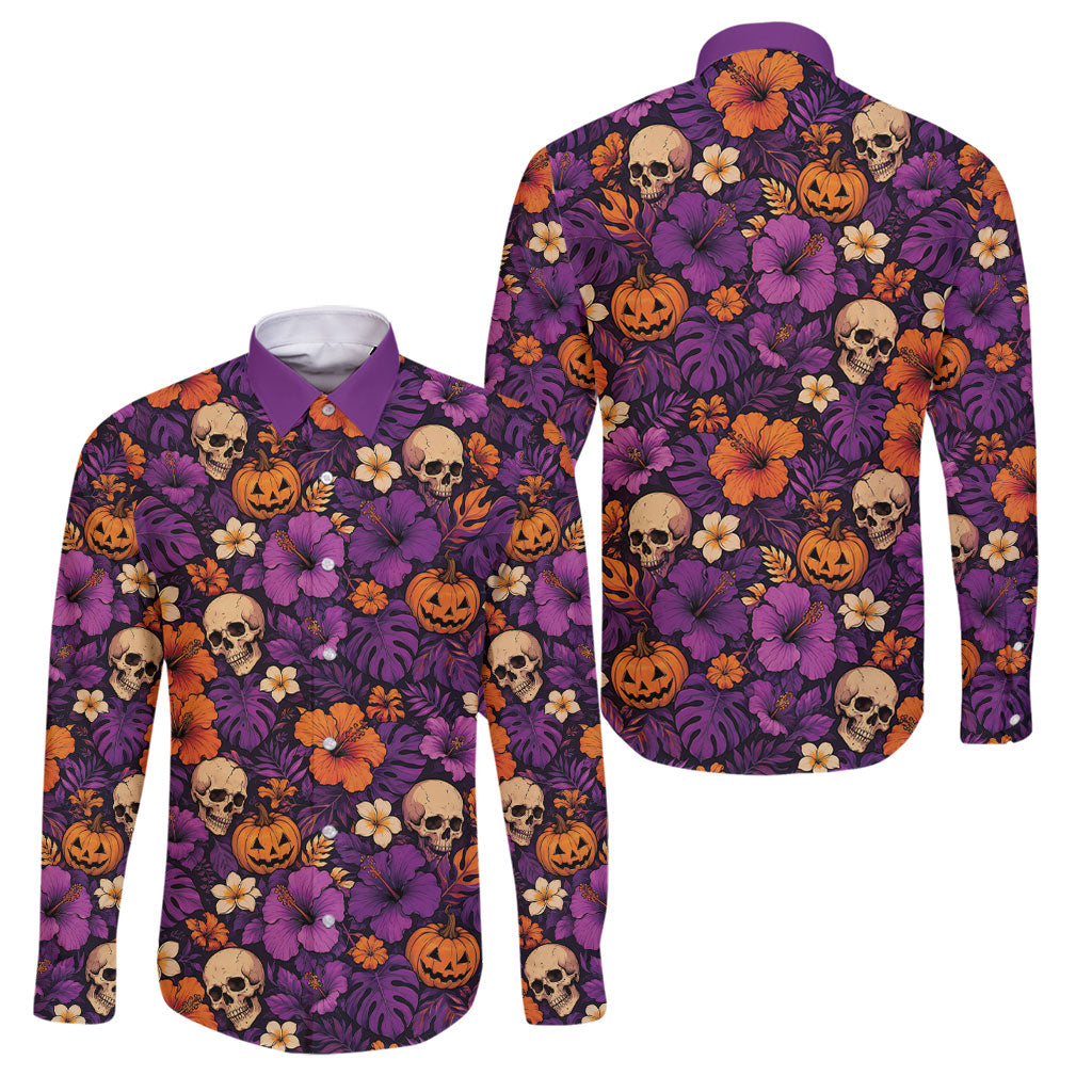 Hawaii Halloween Family Matching Long Sleeve Bodycon Dress and Hawaiian Shirt Skeleton Pumpkin Hawaiian Flower Tribal DT05 Dad's Shirt - Long Sleeve Purple - Polynesian Pride