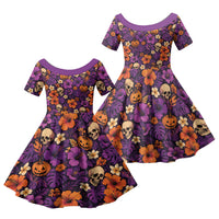 Hawaii Halloween Family Matching Long Sleeve Bodycon Dress and Hawaiian Shirt Skeleton Pumpkin Hawaiian Flower Tribal DT05 Daughter's Dress Purple - Polynesian Pride