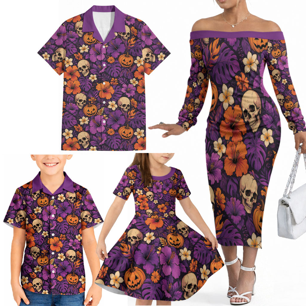 Hawaii Halloween Family Matching Off The Shoulder Long Sleeve Dress and Hawaiian Shirt Skeleton Pumpkin Hawaiian Flower Tribal