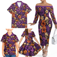 Hawaii Halloween Family Matching Off The Shoulder Long Sleeve Dress and Hawaiian Shirt Skeleton Pumpkin Hawaiian Flower Tribal