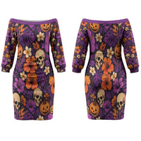 Hawaii Halloween Family Matching Off The Shoulder Long Sleeve Dress and Hawaiian Shirt Skeleton Pumpkin Hawaiian Flower Tribal