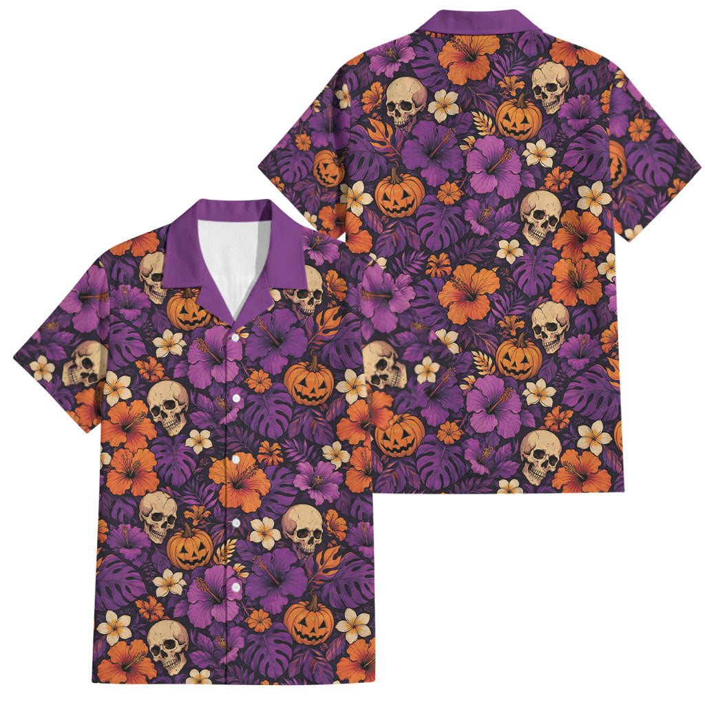 Hawaii Halloween Family Matching Off The Shoulder Long Sleeve Dress and Hawaiian Shirt Skeleton Pumpkin Hawaiian Flower Tribal