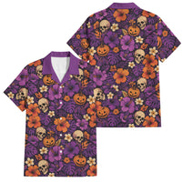 Hawaii Halloween Family Matching Off The Shoulder Long Sleeve Dress and Hawaiian Shirt Skeleton Pumpkin Hawaiian Flower Tribal