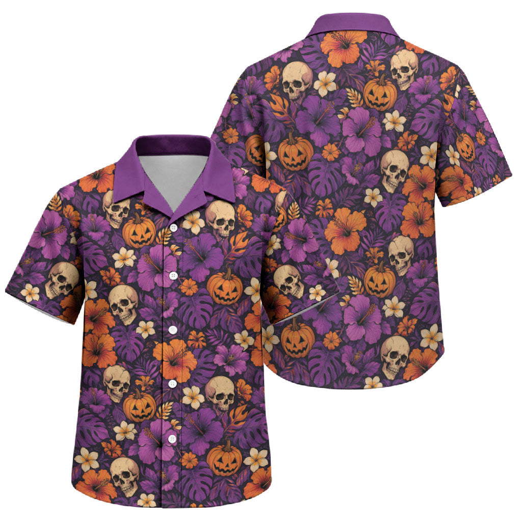 Hawaii Halloween Family Matching Off The Shoulder Long Sleeve Dress and Hawaiian Shirt Skeleton Pumpkin Hawaiian Flower Tribal