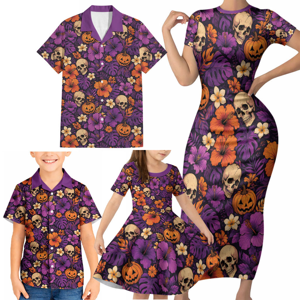 Hawaii Halloween Family Matching Short Sleeve Bodycon Dress and Hawaiian Shirt Skeleton Pumpkin Hawaiian Flower Tribal