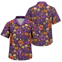 Hawaii Halloween Family Matching Short Sleeve Bodycon Dress and Hawaiian Shirt Skeleton Pumpkin Hawaiian Flower Tribal