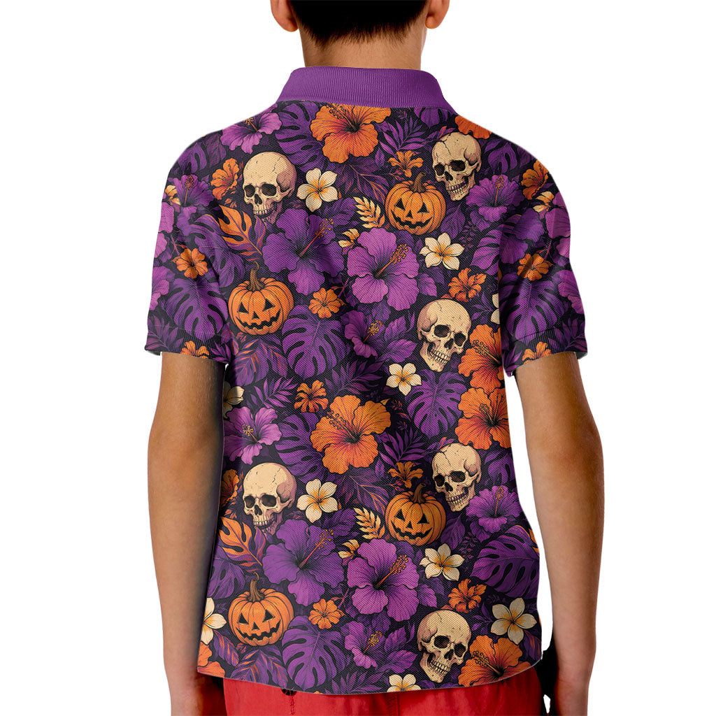 Hawaii Halloween Kid Polo Shirt Skeleton Pumpkin Hawaiian Flower Tribal DT05 - Polynesian Pride