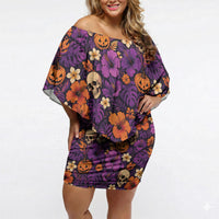 Hawaii Halloween Off Shoulder Short Dress Skeleton Pumpkin Hawaiian Flower Tribal DT05 Women Purple - Polynesian Pride