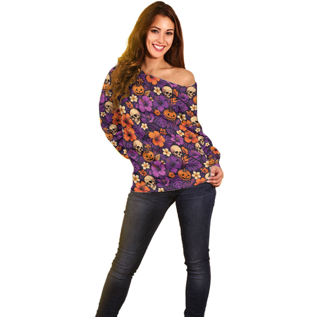 Hawaii Halloween Off Shoulder Sweater Skeleton Pumpkin Hawaiian Flower Tribal DT05 - Polynesian Pride