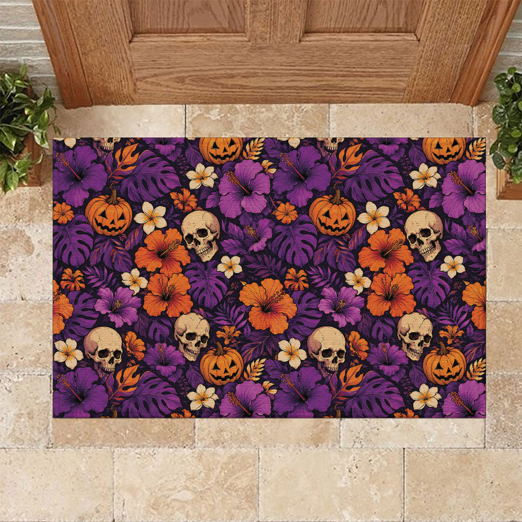 Hawaii Halloween Rubber Doormat Skeleton Pumpkin Hawaiian Flower Tribal