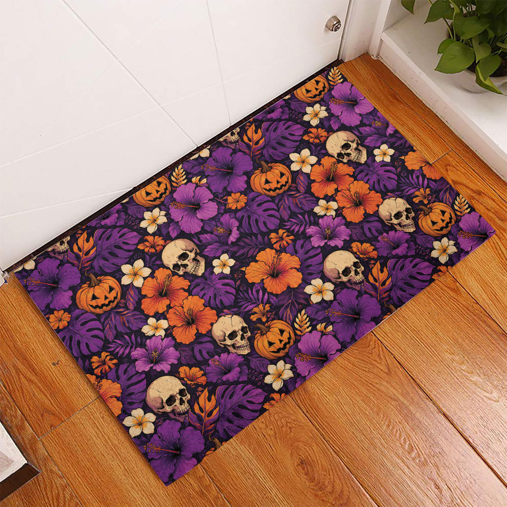 Hawaii Halloween Rubber Doormat Skeleton Pumpkin Hawaiian Flower Tribal