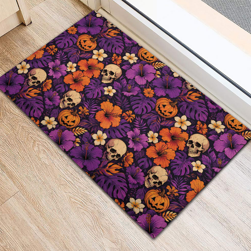 Hawaii Halloween Rubber Doormat Skeleton Pumpkin Hawaiian Flower Tribal