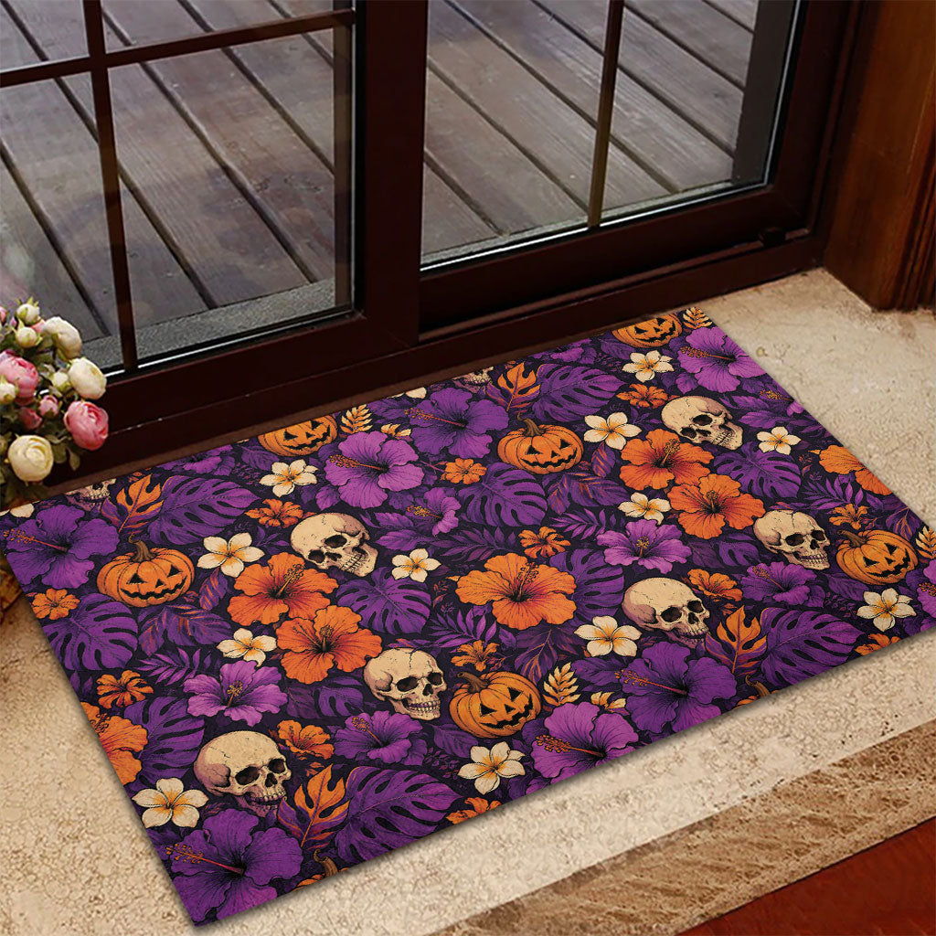 Hawaii Halloween Rubber Doormat Skeleton Pumpkin Hawaiian Flower Tribal