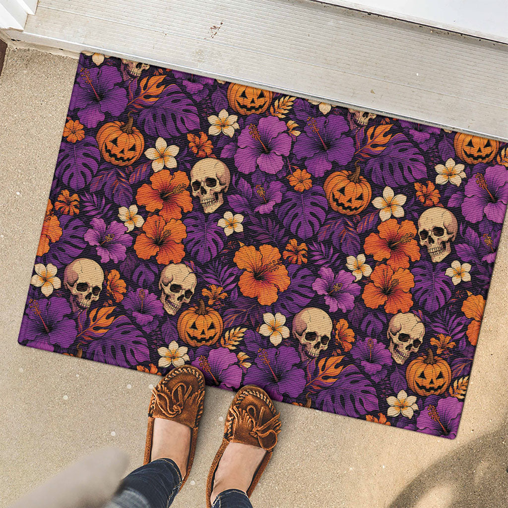 Hawaii Halloween Rubber Doormat Skeleton Pumpkin Hawaiian Flower Tribal