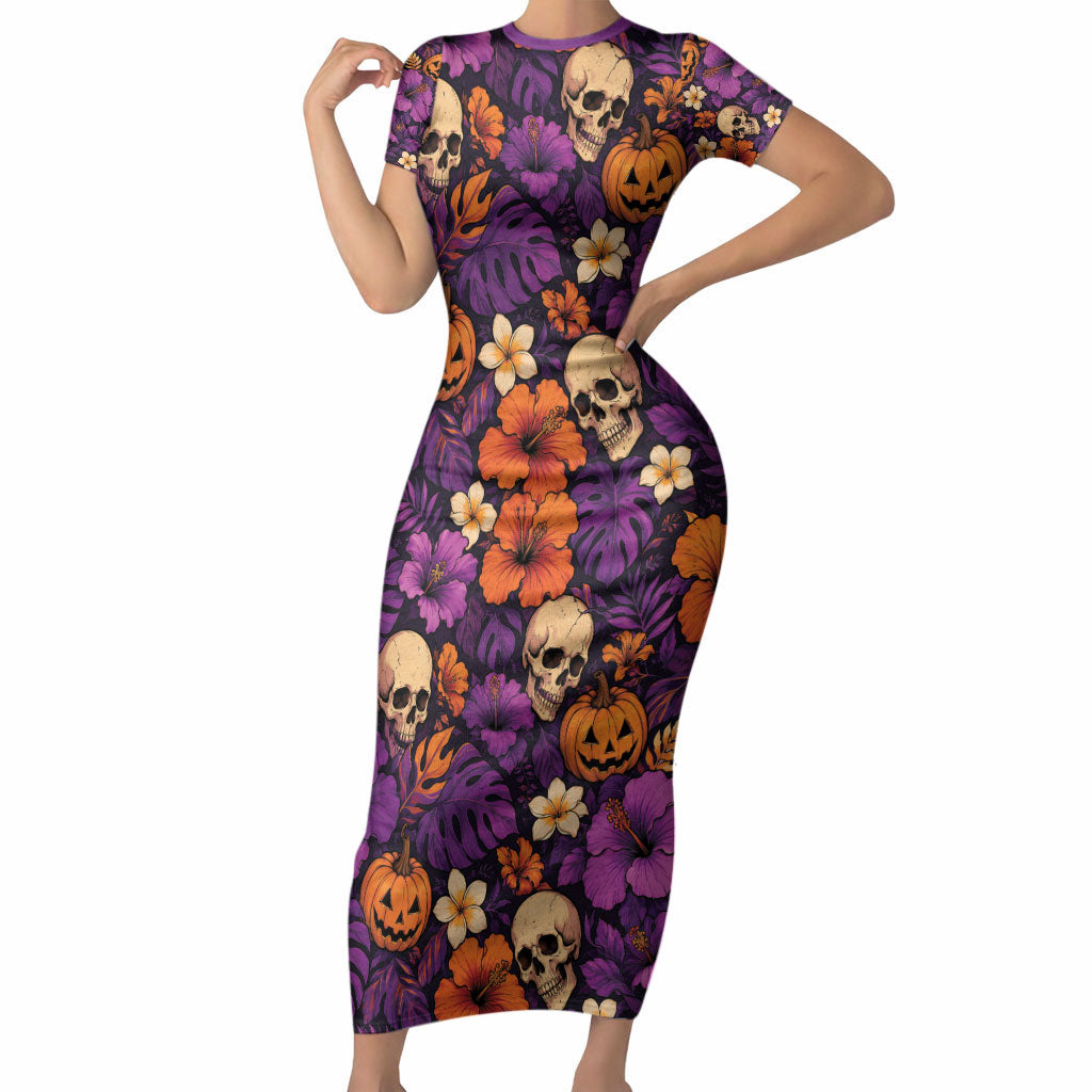 Hawaii Halloween Short Sleeve Bodycon Dress Skeleton Pumpkin Hawaiian Flower Tribal DT05 Long Dress Purple - Polynesian Pride