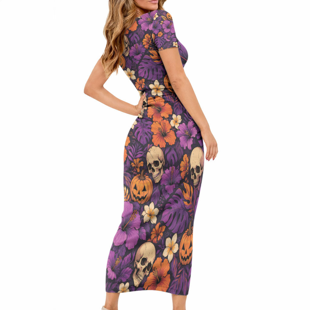 Hawaii Halloween Short Sleeve Bodycon Dress Skeleton Pumpkin Hawaiian Flower Tribal DT05 - Polynesian Pride