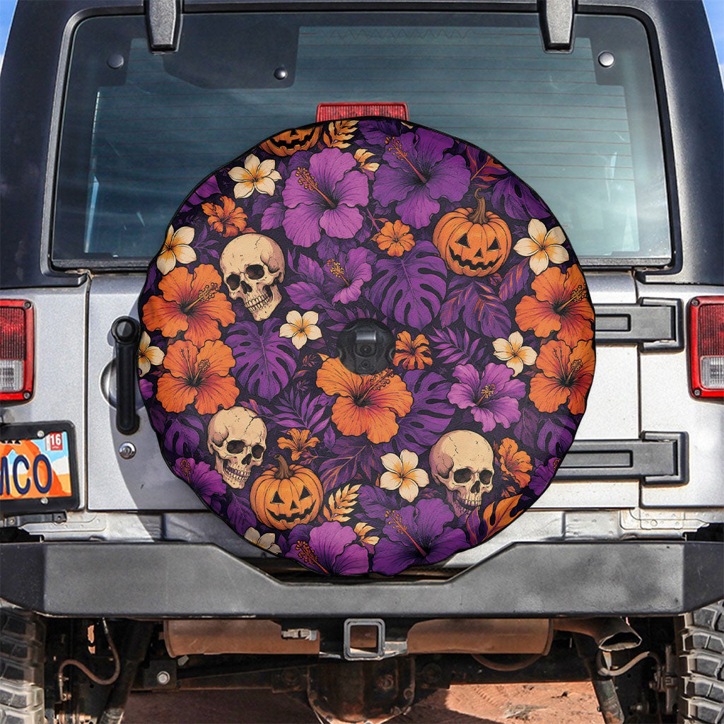 Hawaii Halloween Spare Tire Cover Skeleton Pumpkin Hawaiian Flower Tribal DT05 Purple - Polynesian Pride