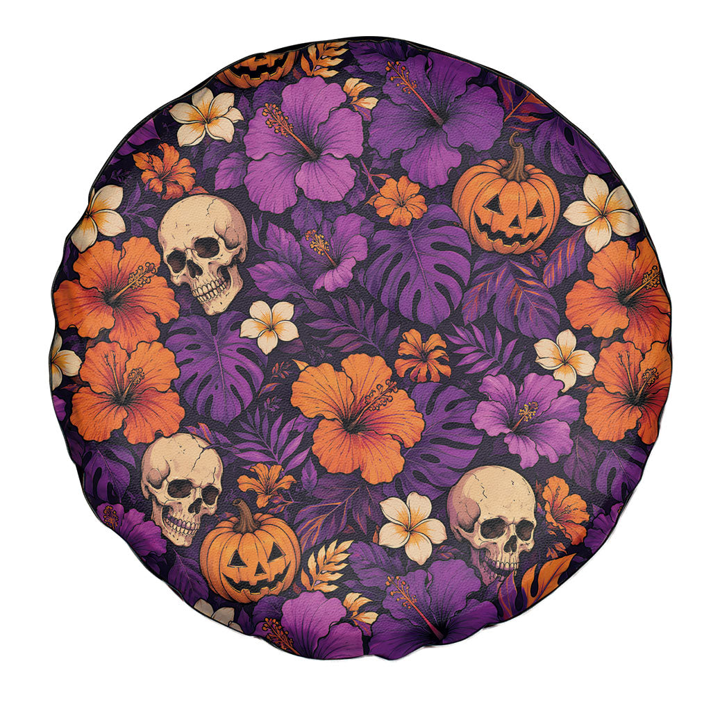 Hawaii Halloween Spare Tire Cover Skeleton Pumpkin Hawaiian Flower Tribal DT05 - Polynesian Pride
