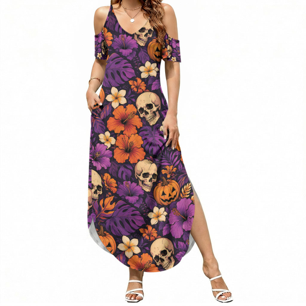 Hawaii Halloween Summer Maxi Dress Skeleton Pumpkin Hawaiian Flower Tribal DT05 Women Purple - Polynesian Pride