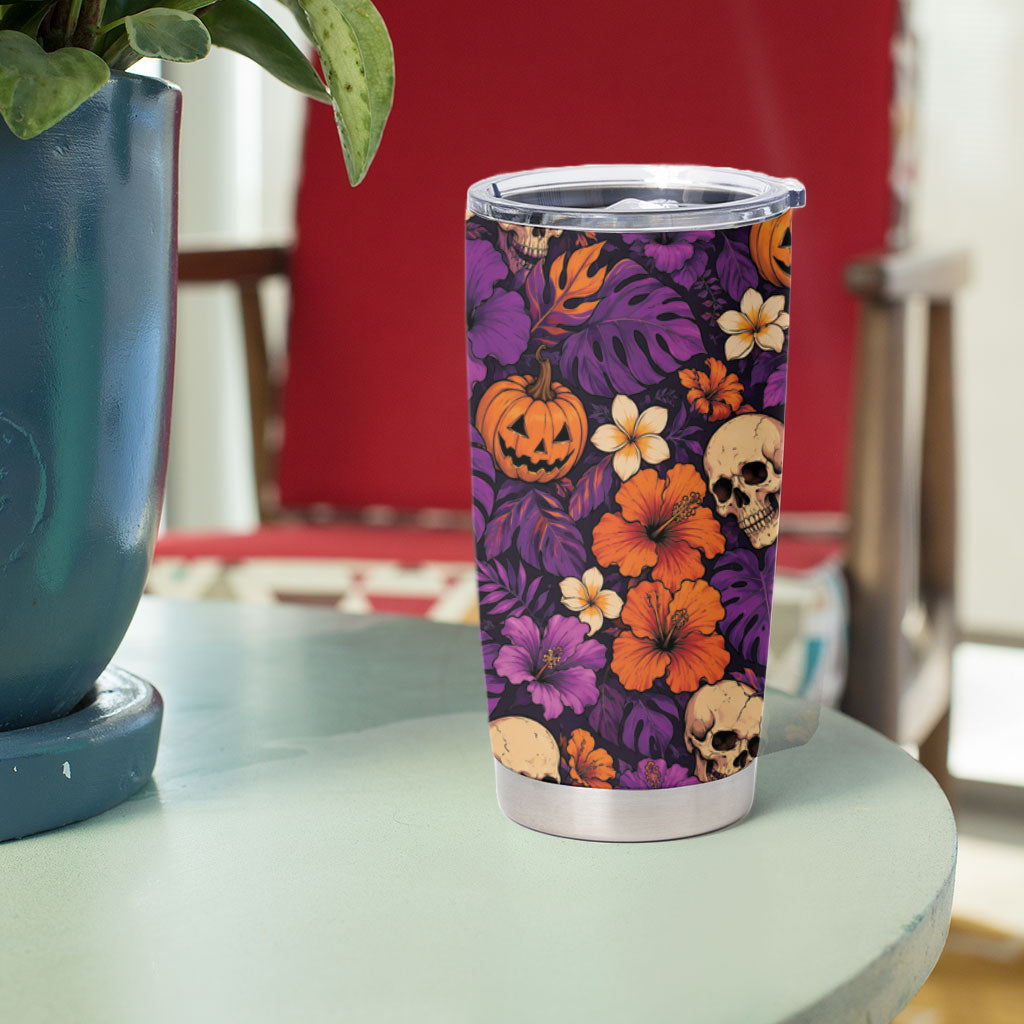 Hawaii Halloween Tumbler Cup Skeleton Pumpkin Hawaiian Flower Tribal DT05 - Polynesian Pride