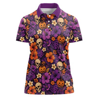Hawaii Halloween Women Polo Shirt Skeleton Pumpkin Hawaiian Flower Tribal DT05 Female Purple - Polynesian Pride