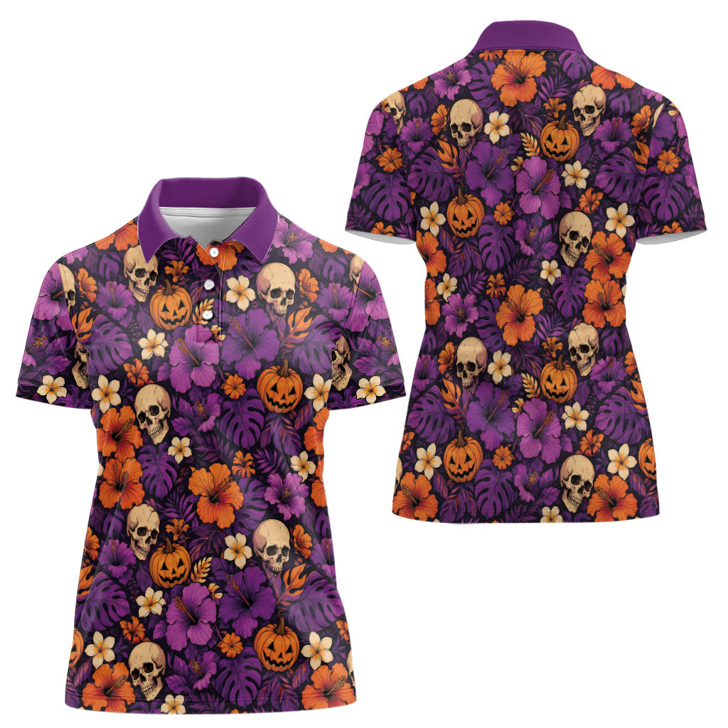 Hawaii Halloween Women Polo Shirt Skeleton Pumpkin Hawaiian Flower Tribal DT05 - Polynesian Pride