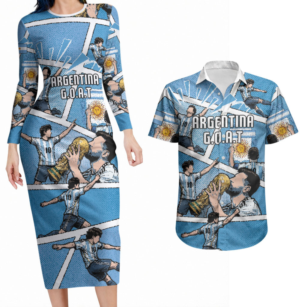 Custom Argentina Football Couples Matching Long Sleeve Bodycon Dress and Hawaiian Shirt Goat Comic Style Sun Of May