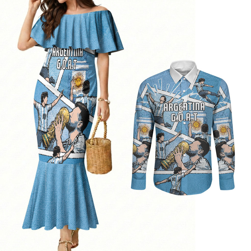 Custom Argentina Football Couples Matching Mermaid Dress and Long Sleeve Button Shirt Goat Comic Style Sun Of May