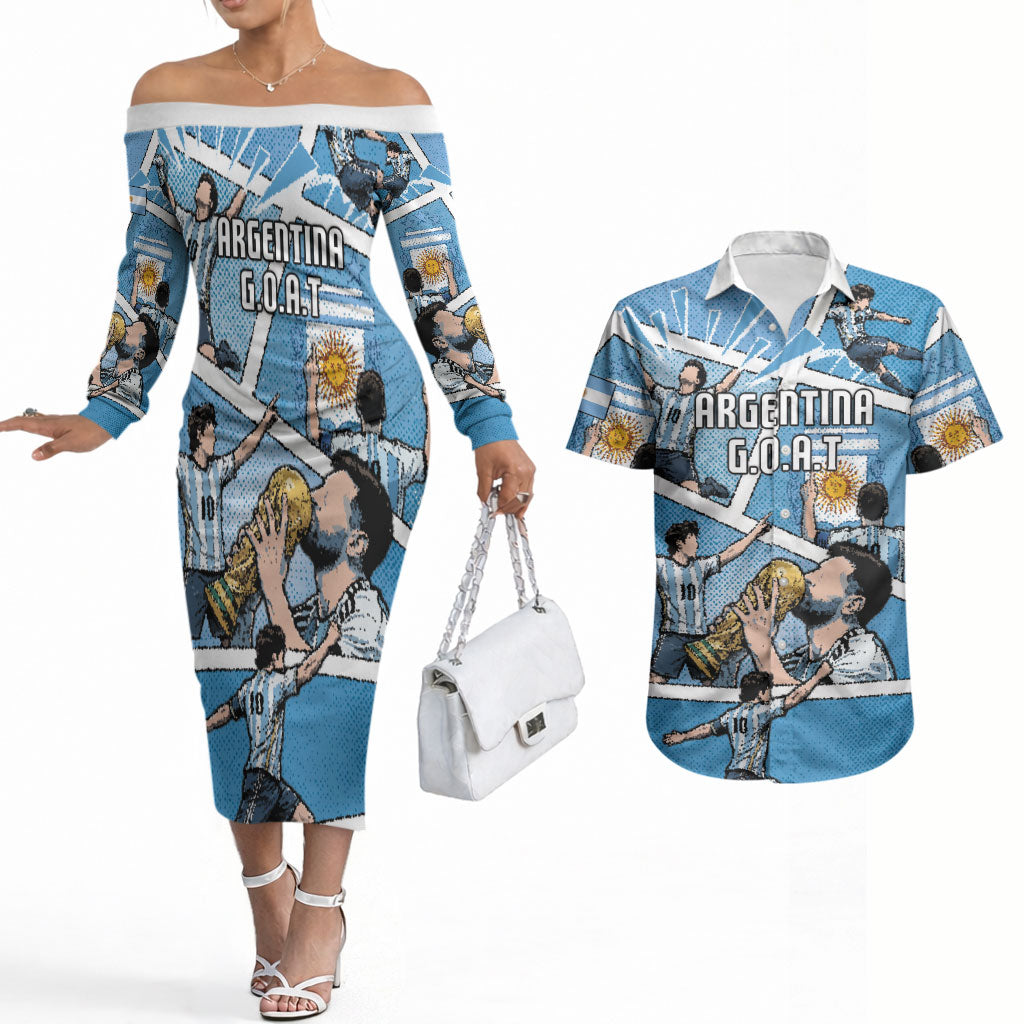 Custom Argentina Football Couples Matching Off The Shoulder Long Sleeve Dress and Hawaiian Shirt Goat Comic Style Sun Of May