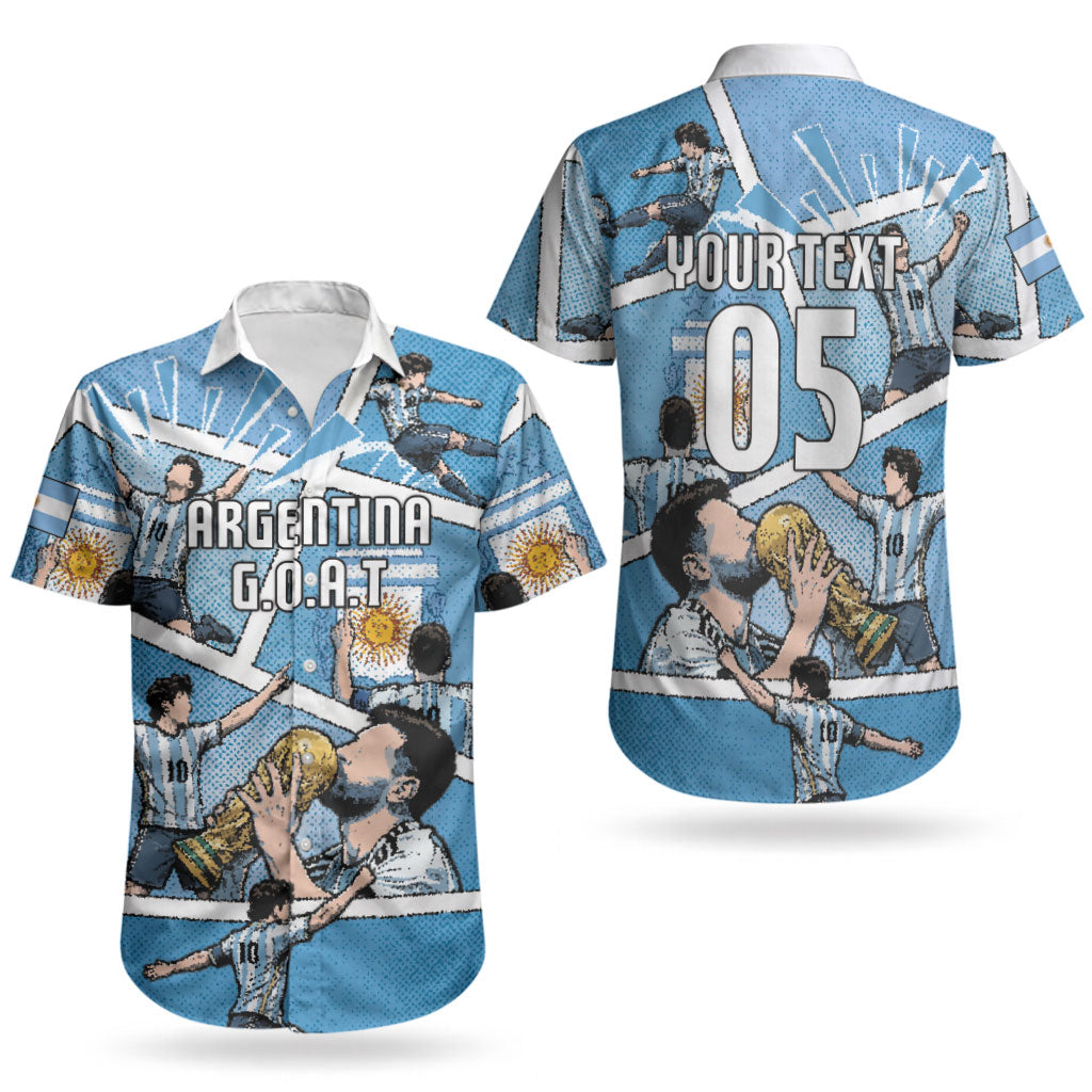 Custom Argentina Football Couples Matching Off The Shoulder Long Sleeve Dress and Hawaiian Shirt Goat Comic Style Sun Of May