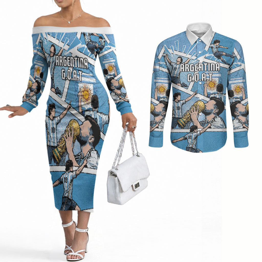 Custom Argentina Football Couples Matching Off The Shoulder Long Sleeve Dress and Long Sleeve Button Shirt Goat Comic Style Sun Of May