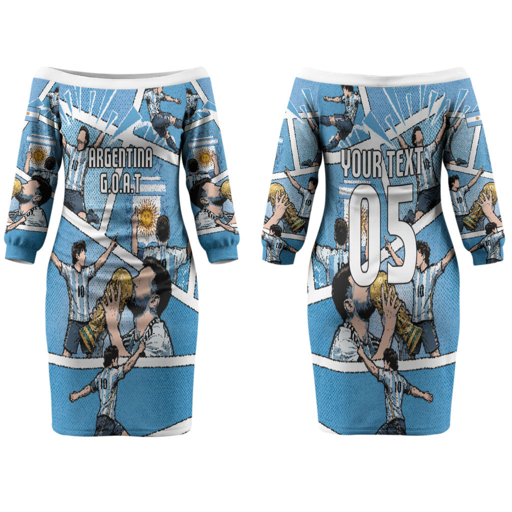 Custom Argentina Football Couples Matching Off The Shoulder Long Sleeve Dress and Long Sleeve Button Shirt Goat Comic Style Sun Of May