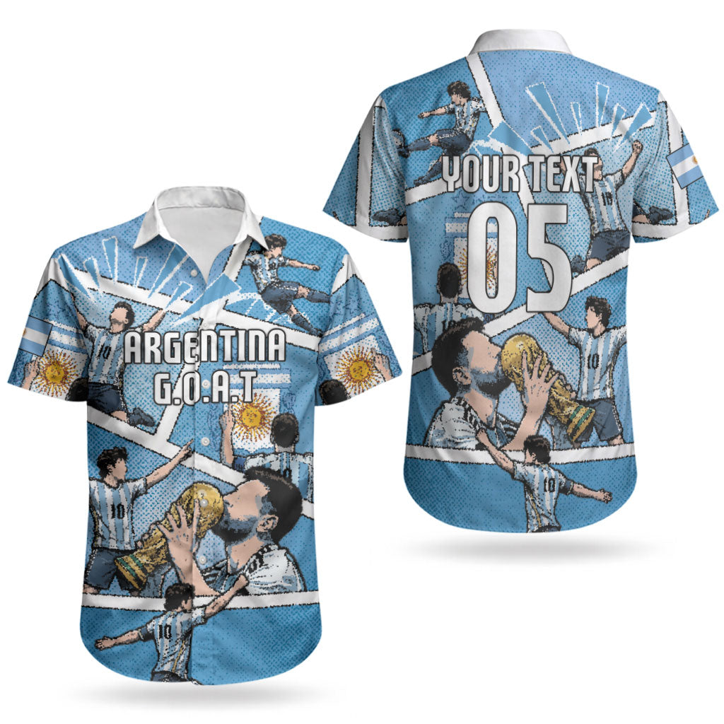 Custom Argentina Football Couples Matching Short Sleeve Bodycon Dress and Hawaiian Shirt Goat Comic Style Sun Of May