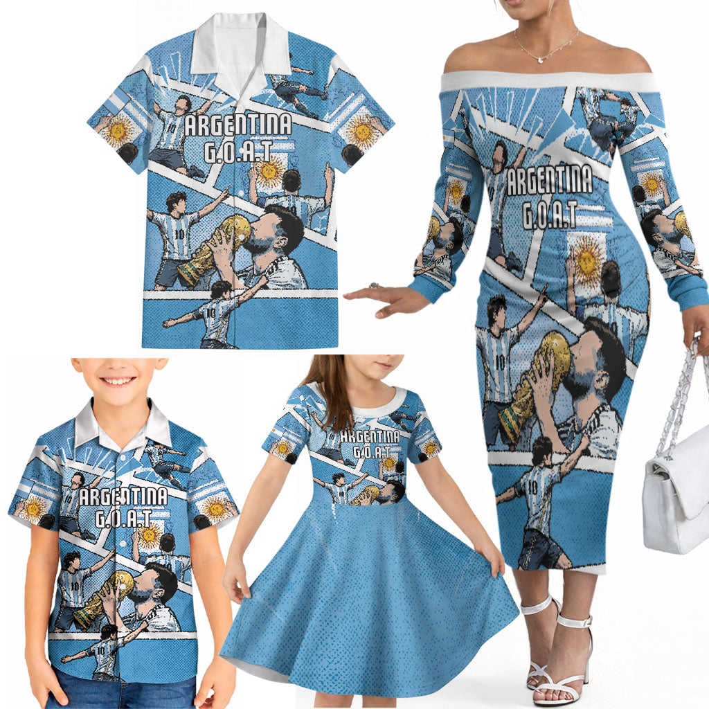 Custom Argentina Football Family Matching Off The Shoulder Long Sleeve Dress and Hawaiian Shirt Goat Comic Style Sun Of May