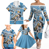 Custom Argentina Football Family Matching Off The Shoulder Long Sleeve Dress and Hawaiian Shirt Goat Comic Style Sun Of May