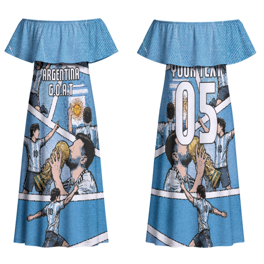 Custom Argentina Football Family Matching Off Shoulder Maxi Dress and Hawaiian Shirt Goat Comic Style Sun Of May