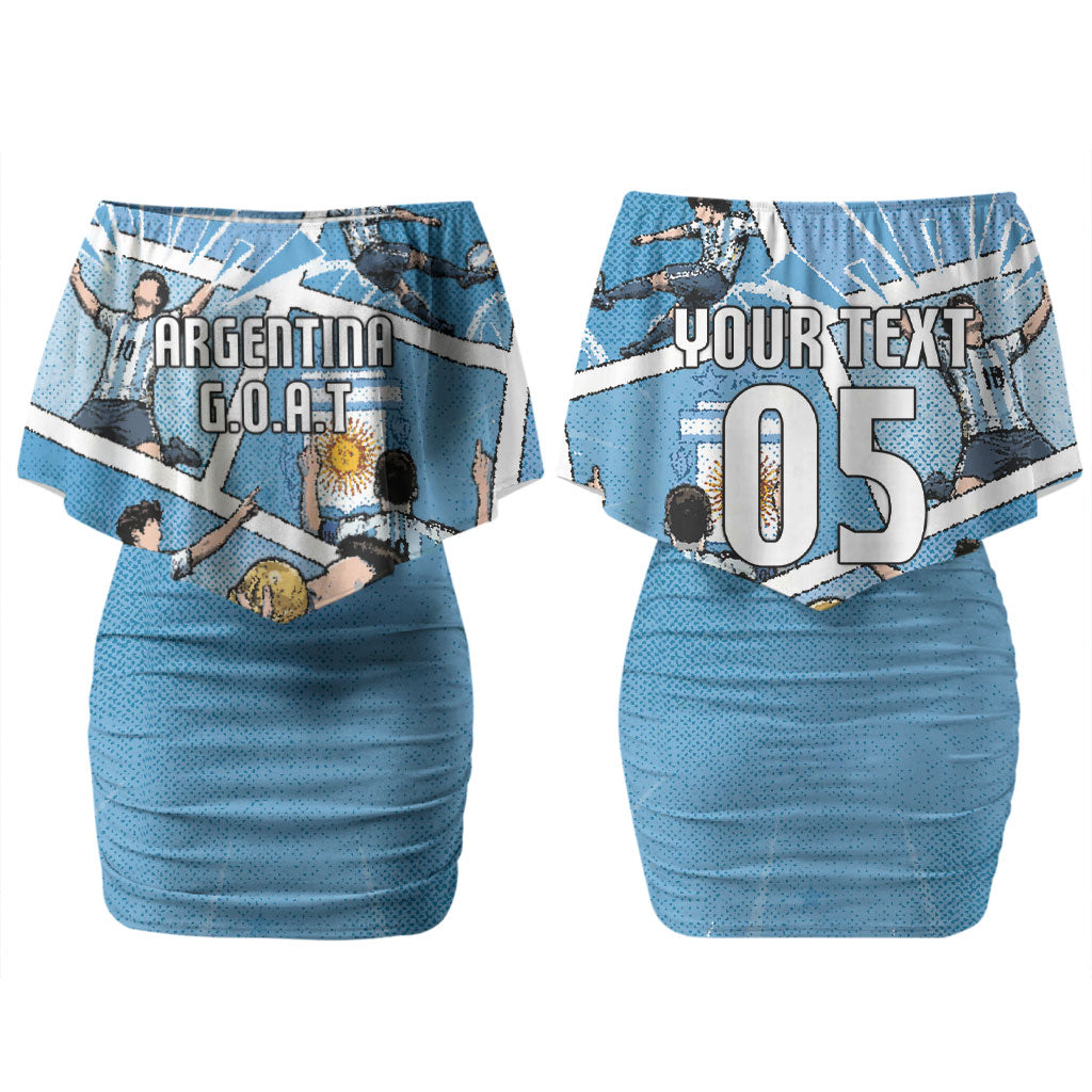 Custom Argentina Football Family Matching Off Shoulder Short Dress and Hawaiian Shirt Goat Comic Style Sun Of May