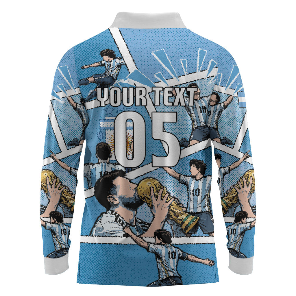 Custom Argentina Football Long Sleeve Polo Shirt Goat Comic Style Sun Of May